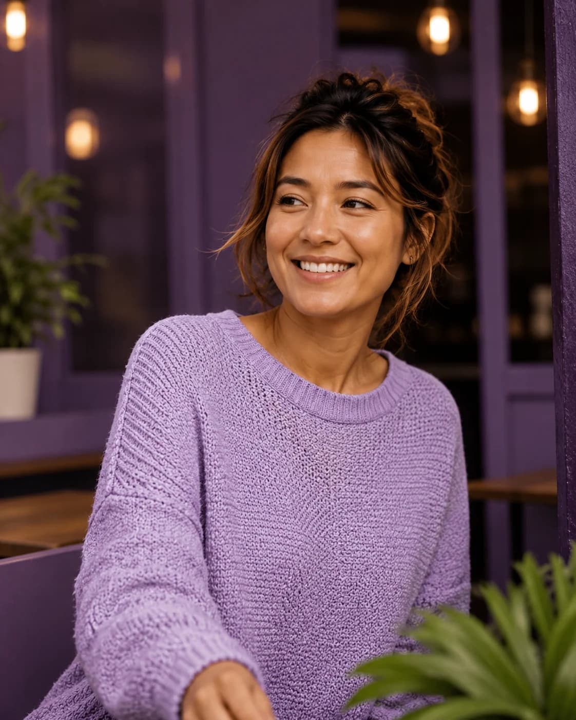 A smiling woman in a calm plum-toned setting, representing a clearer loan conversation.