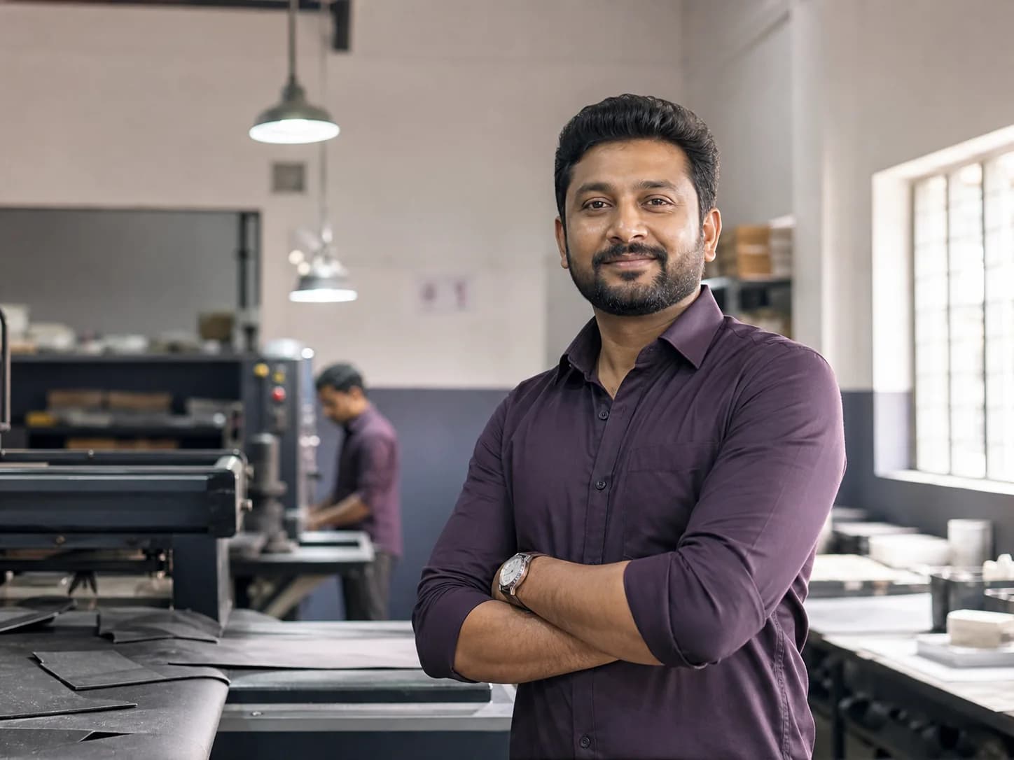 An Indian business owner standing in a calm modern workshop environment.