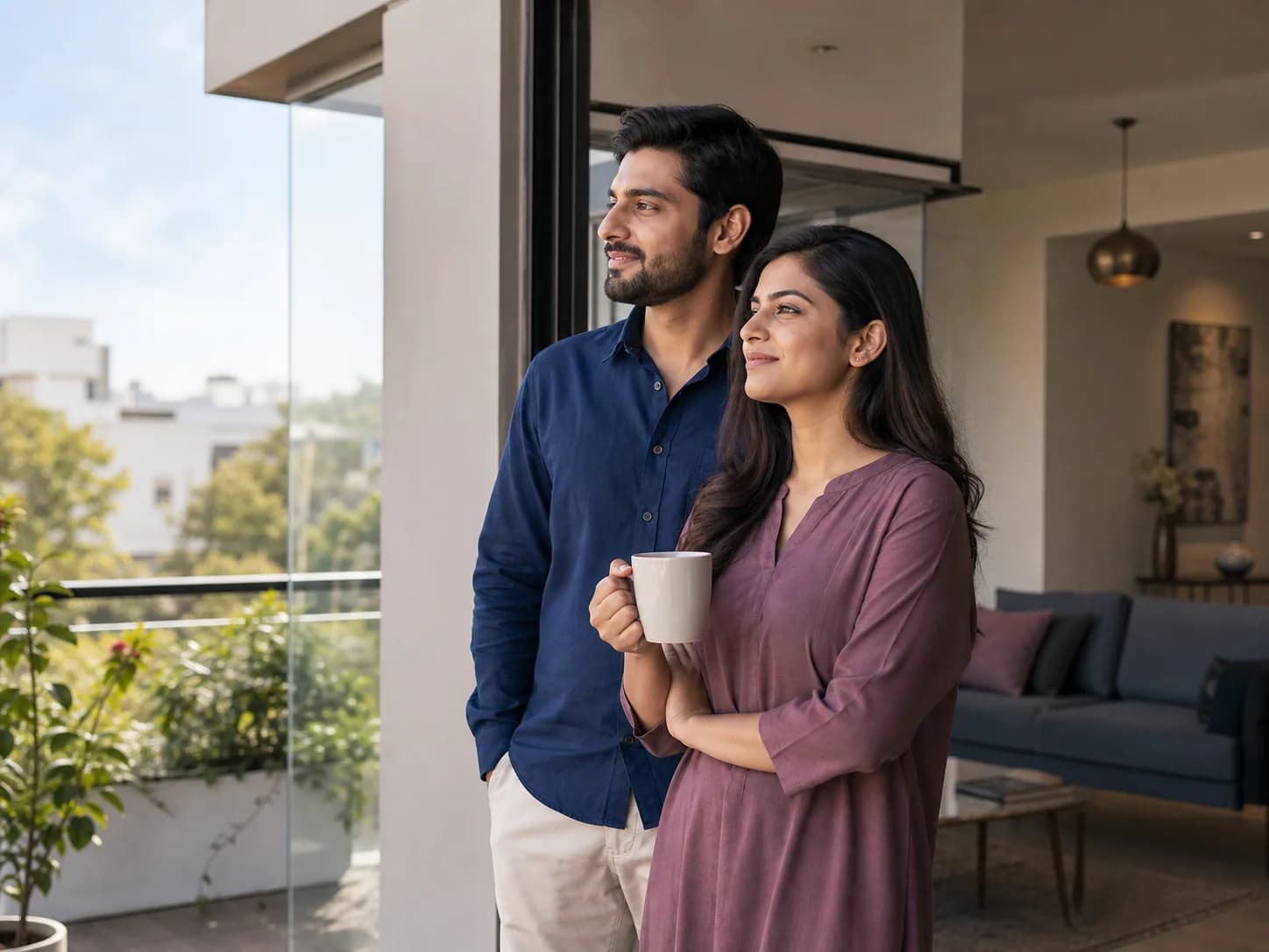 Borrowers standing in a modern apartment.