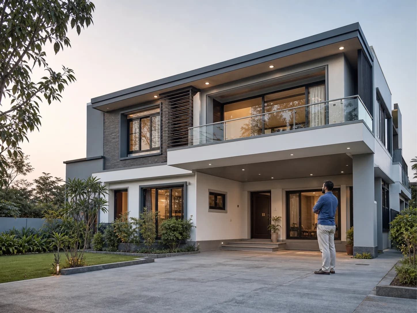 A refined modern Indian property viewed at dusk with the owner observing it from the driveway.