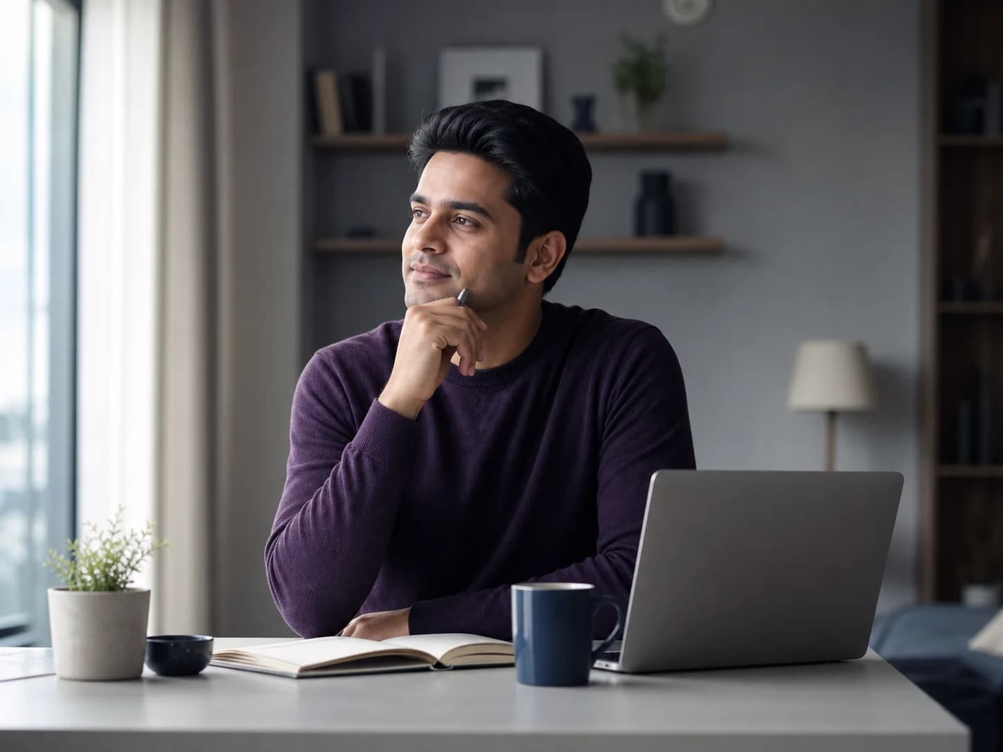 A young Indian professional thoughtfully planning a personal goal at a quiet desk.